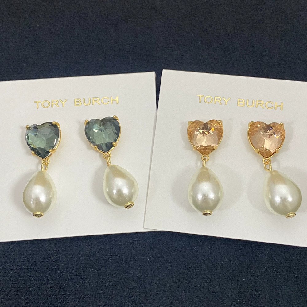 Tory Burch Rhinestone Heart Stud Imitation Pearl Drop Metal Earrings